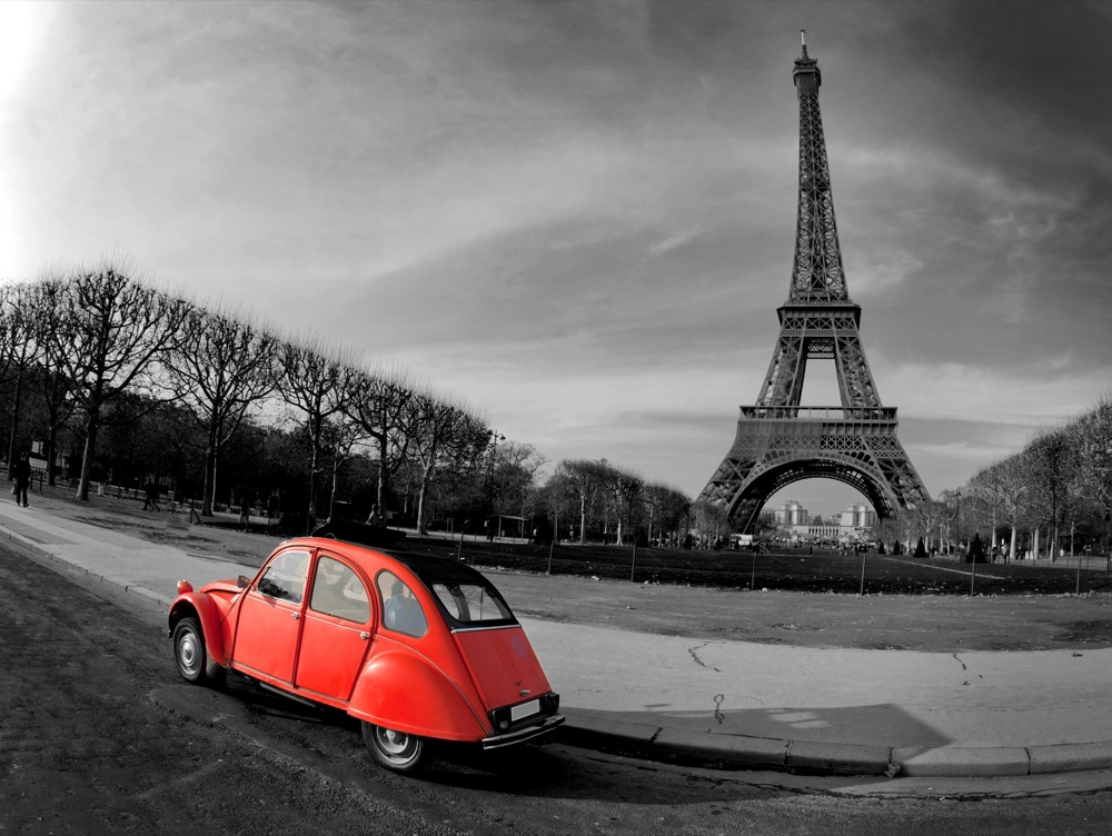 Eiffel Tower and old red car -Paris